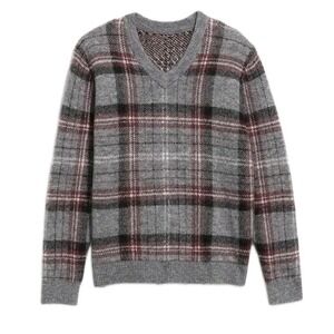 Old Navy Men's 2XL Wool Blend Gray Plaid V Neck Sweater GrandpaCore Preppy XXL